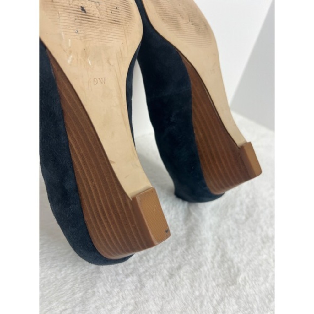 Navy Blue Suede Wedge Pumps Women 9W Genuine Leather Almond Toe Low Heel Shoes - Picture 6 of 8